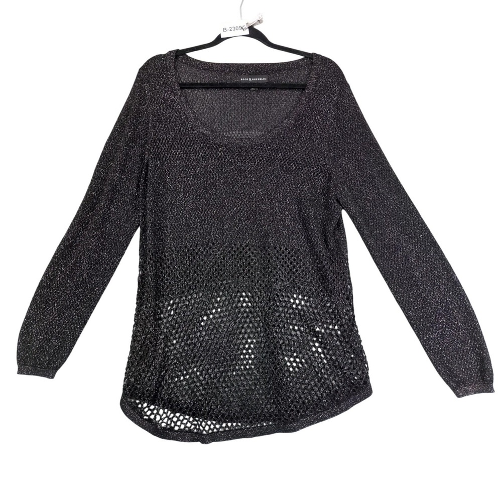Rock & Republic Black Metallic Fishnet Tunic Sweater Womens XL Y2K Indie Sleaze